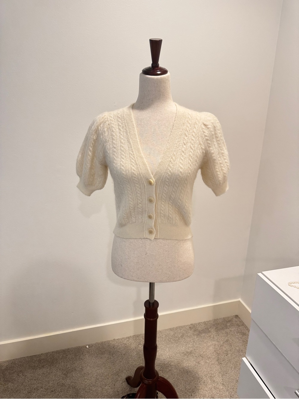 Sezane Cream Cable-Knit Short Sleeve Cardigan